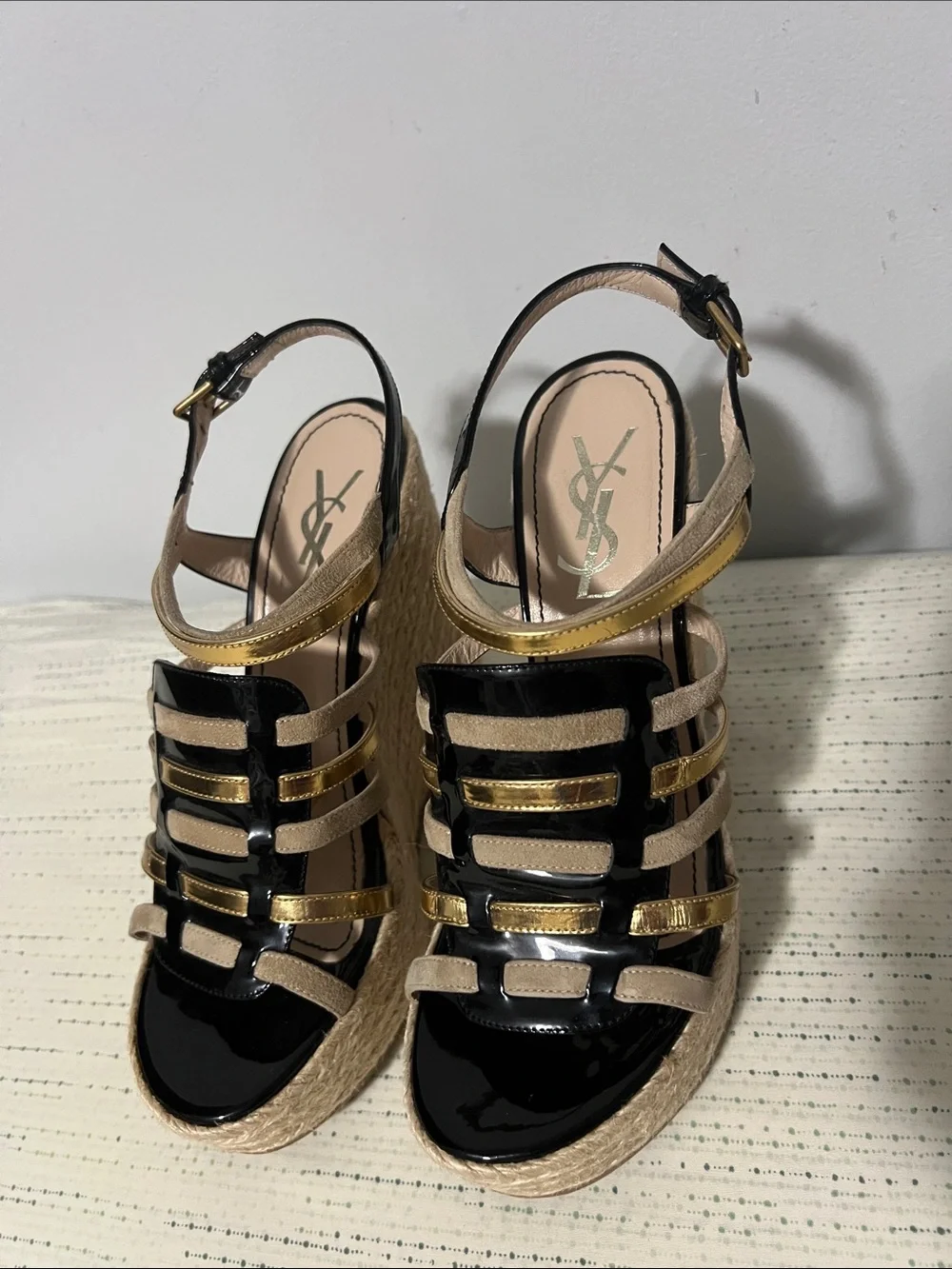 Yves Saint Laurent Black and Gold Strappy Espadrille Platform Sandals